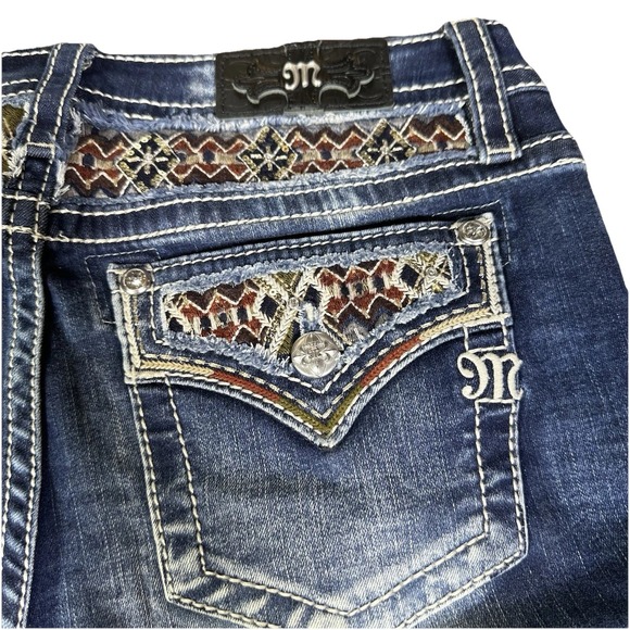 Miss Me Jeans Women 32 Blue Mid Rise Boot Bootcut Thick Stitch Embroidered Bling - Picture 6 of 8